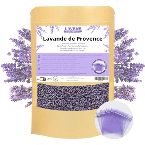LAVENS | Flores de Lavanda secas | 100% francés | 250G +10 Bolsitas de Organza Gratis! Lavanda a Granel Ideal para Bolsita de Lavanda Perfumada, Popurrí. Fragancia intensa