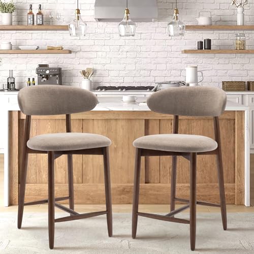 Image of COLAMY Bar Stools Set of 2, Counter Height BarStools with Back, Mid Century Modern Upholstered, with Wood Legs for Kitchen Island Dining Room, Camel