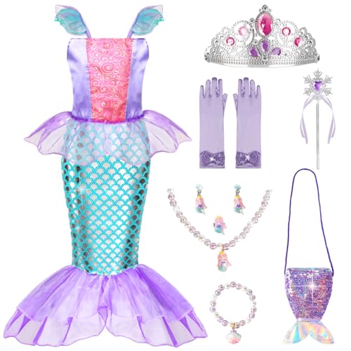 MELAND Mermaid Costume Kids, Princess Costumes for Girls Gift Aged 3-10, Little Mermaid Dress Up for Girls World Book Day (L)