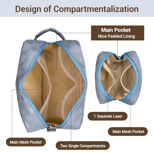 MAGEFY 2Pcs Makeup Bag, Cute Checkered Pouch with Handle, Leather Travel Makeup Pouches for purse Make Up Bag for Cosmetic, Lipstick,Blue Haze4