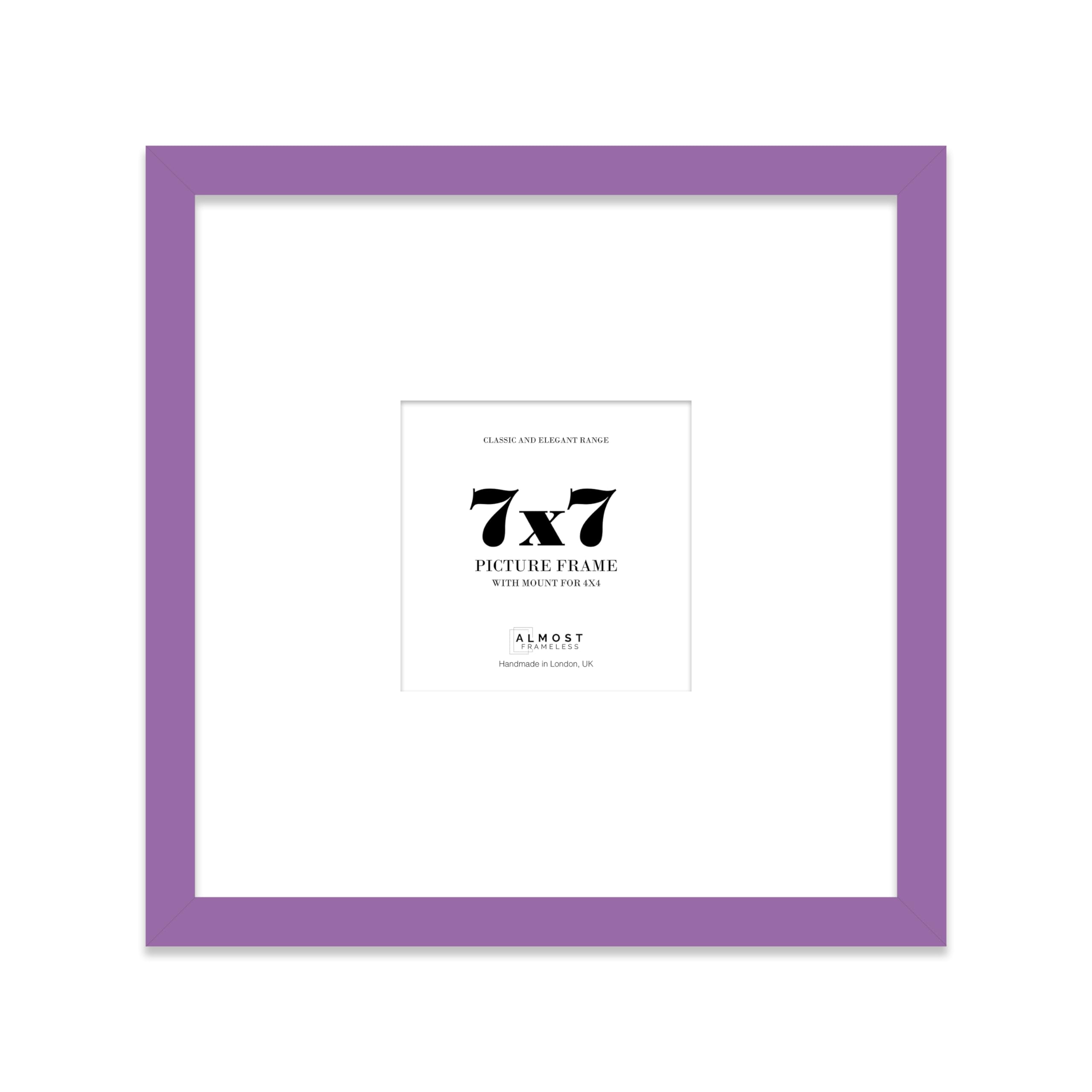 Almost Frameless 7x7 Square Picture Frame, Display Pictures 4x4 With Mat or 7x7 Without Mat, Wall Hanging & Free Standing Photo Frame, Purple, 1 Pack