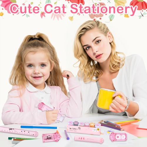 HJZHII 7 teiliges Schreibwaren Set mit niedlichen Katzenpfoten, Cartoon Kawaii Einziehbarer Bleistiftspitzer Korrekturband Radiergummi Haftnotizen Lineal Mini-Schere und Allzweckschneider (Rosa)