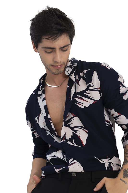 Image of SNITCH Cut Leaf Navy Shirt Rayon Slim Fit Shirt