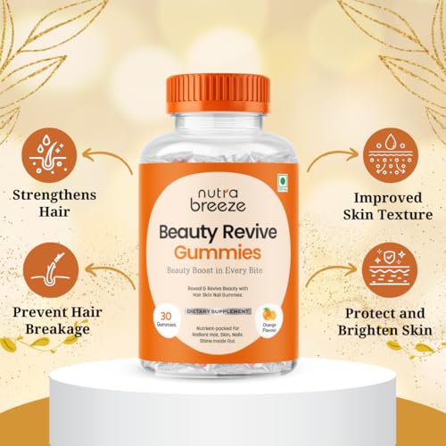Image of Nutrabreeze Biotin Hair Gummies For Women and Men | Beauty Revive Gummies For Hair Growth, Skin Glow & Strong Nails | Orange Flavour | Biotin For Hair Growth | 30 Day Pack