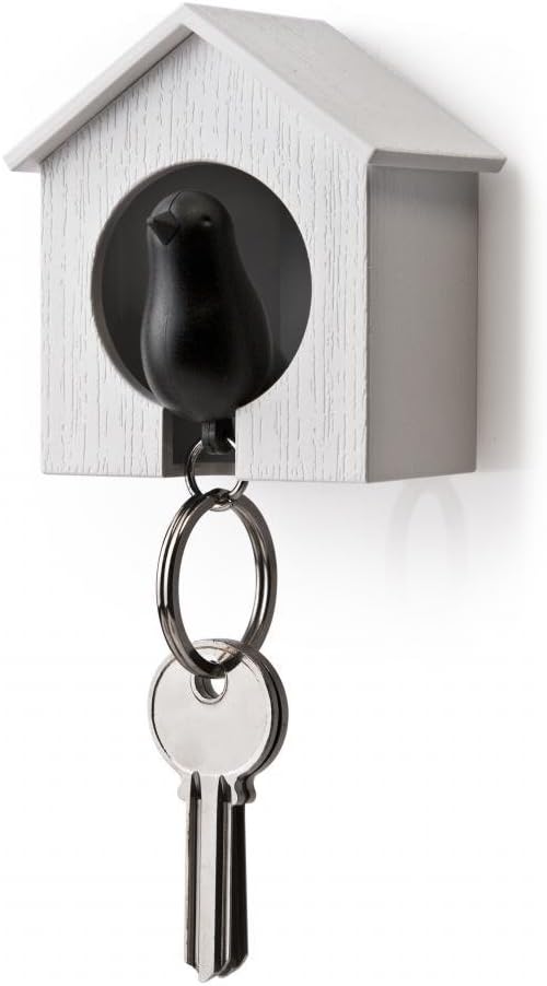 AKOAK White Mini Birdhouse and Black Bird Keychain,Bird is a Safety Whistle