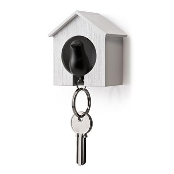 AKOAK White Mini Birdhouse and Black Bird Keychain,Bird is a Safety Whistle