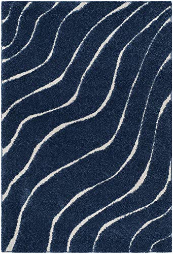 Image of Abstract Wavy Design Shaggy Rectangular Carpet For Living Room,Bedroom,High Low Design Finish Microfiber 1.8 Inch Pile High,5X7 Feet Dark Blue|Cream Color