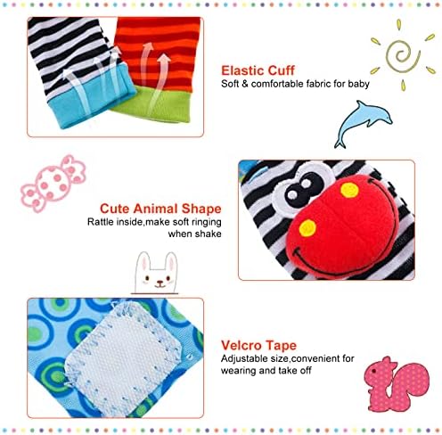 Yorgewd 4 Pcs Baby Wrist Rattle & Foot Finders, Infant sensory Toy Adorable Animal Newborn Developmental Toys Set for Babies Boys Girls 0-12 Month