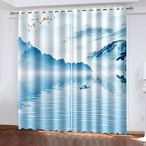 AMDXD Cortina Galon Fronceur Blanc Bleu, Cortina Ocultant Rivière Montagne Cortina Poliéster 274 x 274 cm