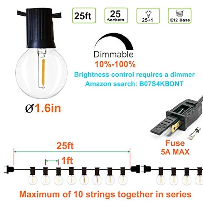 Outdoor String Lights LED 25ft with 25+1 Spare Bulbs, Dimmable Shatterproof Waterproof - Clear Plastic, 1W 60LM 2200K Warm Glow for Indoor/Outdoor Decoration and Lighting -Black Wire