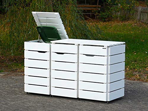 Set di 3 contenitori per bidoni della spazzatura, 120 l, in legno, colore: bianco
