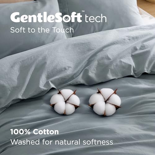 Bedsure 100% Washed Cotton Duvet Cover Queen Size - Dusty Blue Minimalist Cotton Bedding Linen Like for All Seasons - GentleSoft™ Plain Simple Duvet Cover, 3 Pieces (Dusty Blue, Queen, 90"x90")