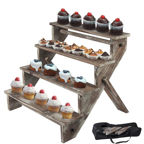 J JACKCUBE DESIGN Rustic Wood Display Stand, 4 Tier Cupcake Stand Stair Shelf, Portable Display Riser, Included Bag for Storage, Decorative Dessert Stand - MK578A