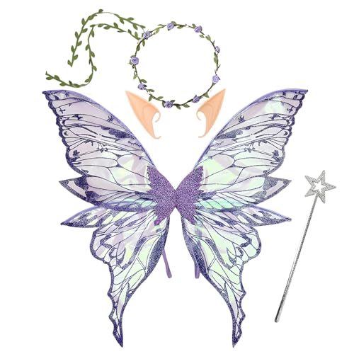 Snycler Fairy Wings for Adults Fairy Costume Set with Floral Garland Wand & Elf Ears Butterfly Wings Ideal for Cosplay Party Purple