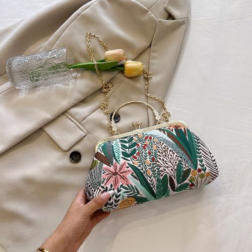 Image of Women Vintage Flower Embroidery Handbag Evening Purse Crossbody Shoulder Bag with Chain Strap