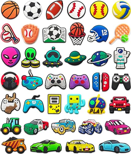 Kieralvy 40PCS Cute Cartoon Shoe Charms for Boys Bulk Sports Game Car & Space Fans Shoe Decoration Pins for Clog | Fun Accessories for Kids Girls Teens Men Adults Party Favor Gifts