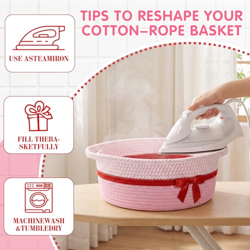Image of Colingmill 1 Set Woven Basket for Gift Empty with Cellophane Wrap Set 14 x 10 x 5.5 Inch, Medium Decorative Gift Basket Empty to Fill, Cotton Rope Storage Box Decor (Pink Red)