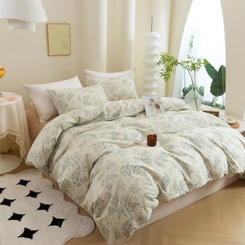 ECOCOTT 3 Pieces Duvet Cover Set with Vintage Green Leaves Pattern 100% Natural Cotton Cozy Simple Style Bedding Set (Queen Size)