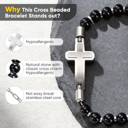 Cross Beaded Bracelet for Men-Christian Bracelets with Cross,Black Onyx - image 2