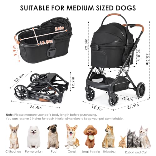 Image of T6 Luxury Pet Stroller for Medium Dogs Up to 66lbs or 2 Small Pets - 3-in-1 Dog & Cat Stroller with Removable Carrier, Foldable & Lightweight (Black)