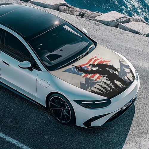Image of US Flag Bigfoot Printed Car Hood Cover 59x39 Inch Auto Hood Wrap Blankets Stretchable Waterproof Automotive Exterior Accessories for Compact Sedans SUVs Trucks Vans