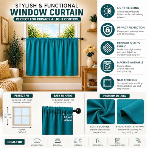 Image of Valance Blackout Rod Pocket Pattern Curtain Pack of 1 Piece, Kitchen Curtain | 3 Feet - Turquoise