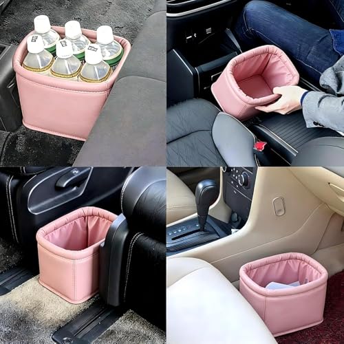 Image of Leather Car Trash Can with Trash Bags, Luxury Car Organizer, Leakproof Garbage Can for Car Truck Interior Storage, Pink