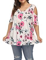 Allegrace Women's Plus Size Floral Printing Cold Shoulder Tunic Top Short Sleeve V Neck T Shirts White 3X