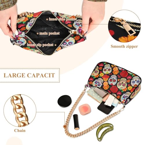 Colorful Day Dead Sugar Skulls Floral Shoulder Bag for Women Casual Purse Hobo Pattern Designer Handbags Zipper Closure4