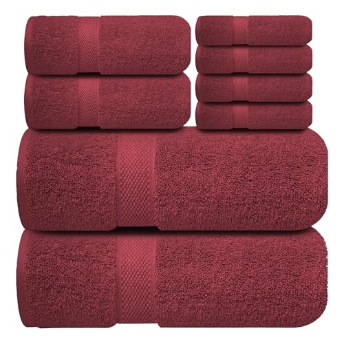 Image of Sulfar 100% Combed Cotton, 8 Pcs Towel Set - 2 Bath Towels (70 x 140 cm), 2 Hand Towels (40 x 70 cm) and 4 Face Towel (30 x 30 cm) (600 GSM, Pack of 8) Red Wine