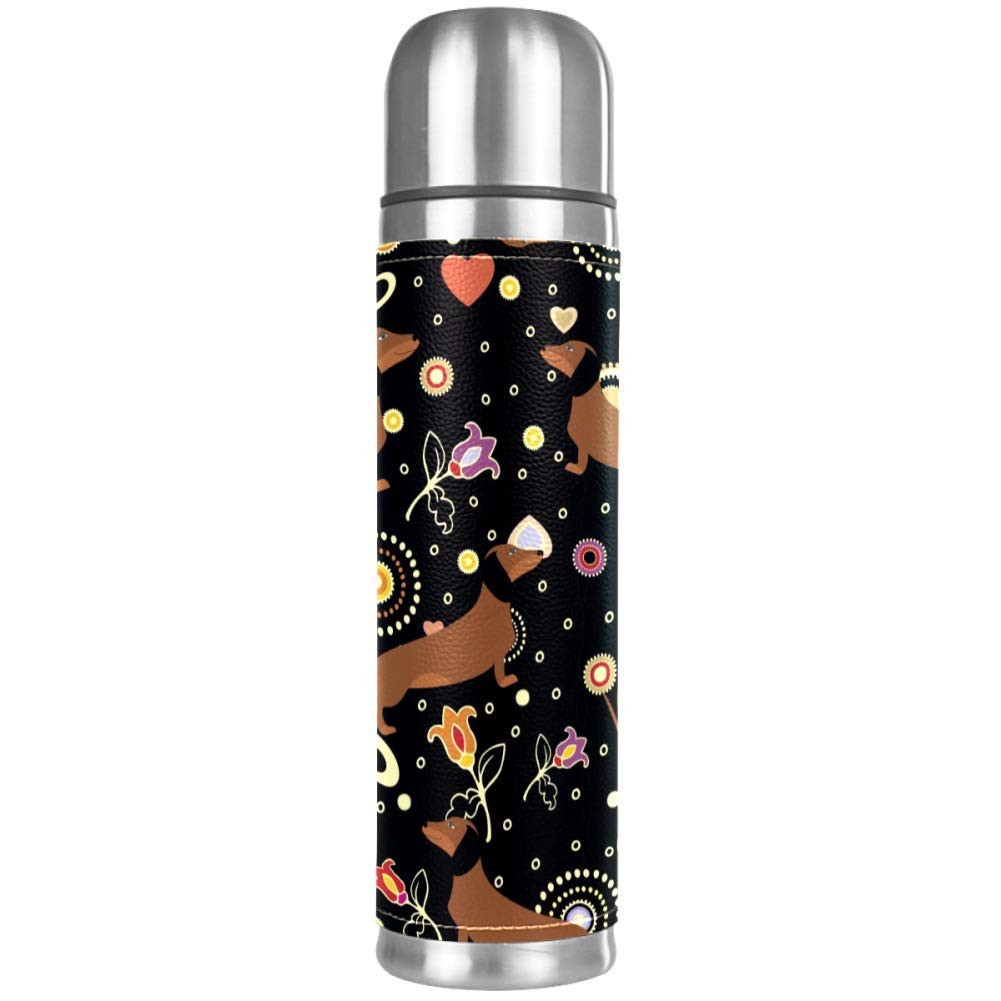 Botella de agua de acero inoxidable con diseño de perro salchicha con forma de corazón a prueba de fugas, termo aislado para bebidas calientes y frías, 500 ml, para oficina, escuela, viajes