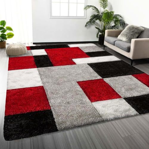 Image of Carpet for Hallway, Kitchen, and Modern InteriorsCarpetCozy Shag Runner for Living Room, Bedroom & Office Decor ETC Size 5x7 feet, Patten-Solid Red Box