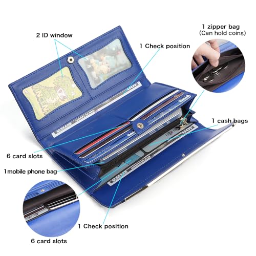 Fashionable women's leather wallet, large capacity multifunctional, snap closure, three fold long style, RFID shielding protection credit card carrying bag (Blue)2
