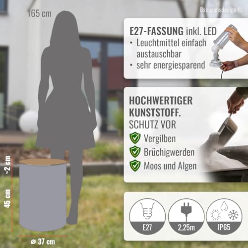 8 Seasons Design Shining Drum LED-Zylinder Hocker Tisch Flaschenkühler Pflanztopf (Ø 37cm, Höhe: 45cm) Grau, E27 Fassung inkl. Leuchtmittel in warmweiß, inkl. Deckel, Indoor & Outdoor