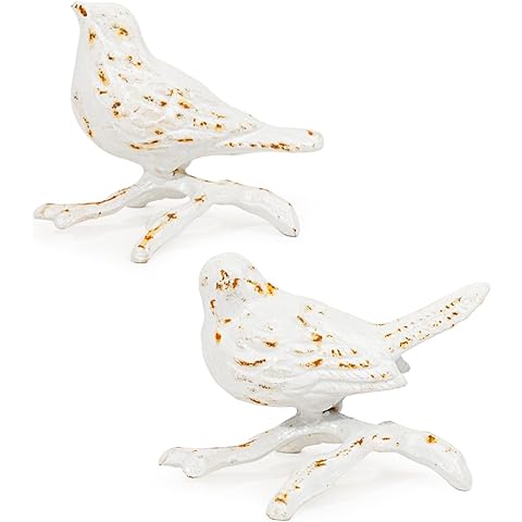 Sungmor Cast Iron Small Bird Statues, Set of 2 Antique White Bird with Branch Collectible Figurines, Farmhouse Home Garden Decorative Bird Sculpture, Realistic Indoor and Outdoor Ornaments