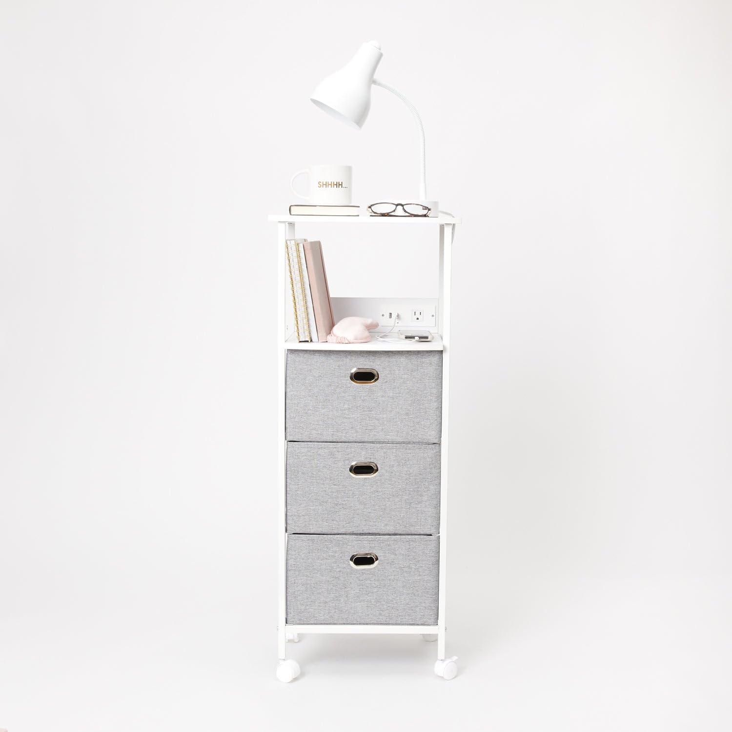 Dormify Charging Storage Drawer Organizer on Wheels | 3 Drawers | Fabric Drawers Storage | White & Grey | 1 Oulet & 2 USB Ports | Bedside Storage | Nightstand | 15"W x 11"D x 39"H | Bedroom Essential