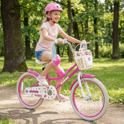 Image of Olakids Kids Bike, 12 14 16 18 20 Inch Girls Bicycle with Doll Seat Basket Adjustable Seat and Handlebar, Handbrake and Coaster Brake