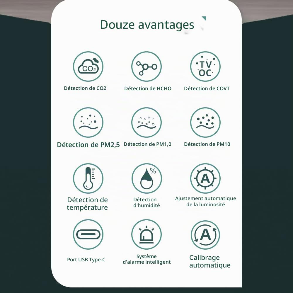 Irfora Tuya WiFi Portable 8 en 1 PM1.0 PM2.5 PM10 CO2 CO2 TVOC HCHO Testeur de température et d'humidité Écran couleur LCD Détecteur de dioxyde de carbone avec fonction d'affichage de l'heure et de la