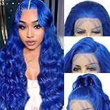 mululi 26 Inch Blue Human Hair Lace Front Wgs Pre Plucked Blue Wig Human Hair 200% Density HD Body Wave Lace Front Wigs Long Blue Wig with Baby Hair for Women