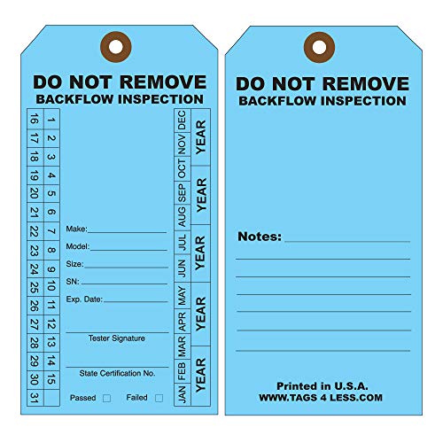 Amazon Crazy 🔥 Deals Tags 4 Less Custom Printed Backflow Maintenance Inspection Record Tag, Heavy-Duty Vinyl Plastic 2 5/8" x 5 1/4" - (Choose Color) - (Pack of 100)