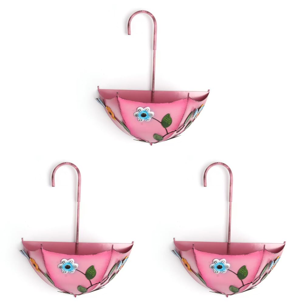 HTU Metal Umbrella Hanging Planter, Metal Plant Umbrellas Pots with Drainage Holes, No-Drill Farmhouse Umbrella Shaped Wall Hanging Planter for Flowers Indoors Outdoors Home Windows Use-Pink-3pcs