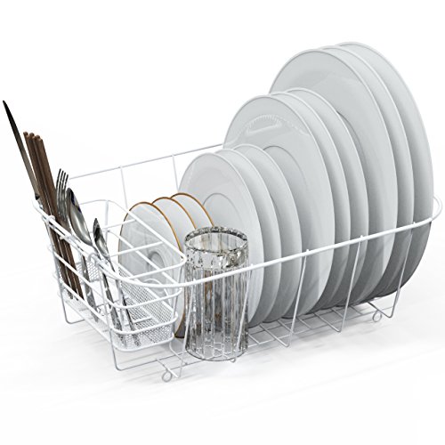 Simple Houseware Dish Drying Rack Drainer Basket w/Utensil Caddy, White