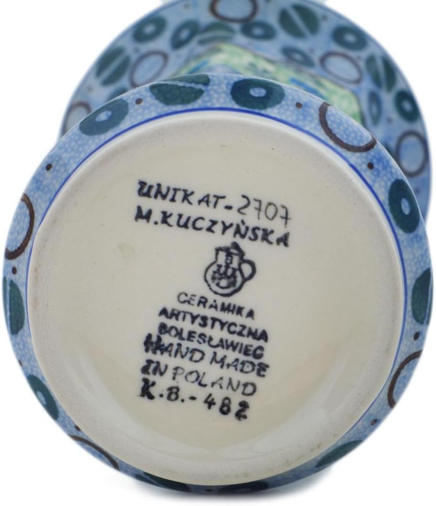 Polmedia Polish Pottery Vase UNIKAT - Blue Rooster Pattern Handmade in Boleslawiec Poland by Ceramika Artystyczna + Certificate of Authenticity