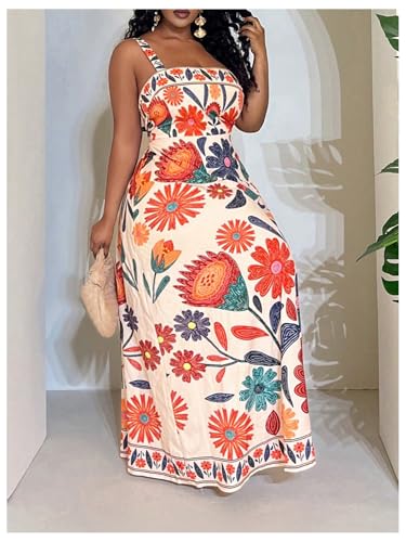 Image of BEAUDRM Women's Plus Size Floral Maxi Dress Sleeveless High Waisted Summer Flowy Cami Dresses