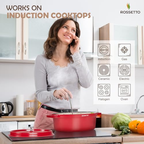 ROSSETTO 5.5QT Oval Dutch Oven Pot with Lid, Ceramic Dutch Oven with Silicone Assist Handle Holder, Dishwasher Safe, Oven Safe up to 450° F, Non-Stick & Non-Toxic Bread Dutch Oven with Lid for Baking,Brasing, Soups, Red by ROSSETTO - Used condition - Image 2