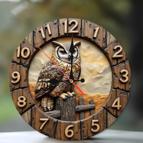 Wooden Owl Clock Wall Decor Rustic Farmhouse Style 10-Inch Wooden