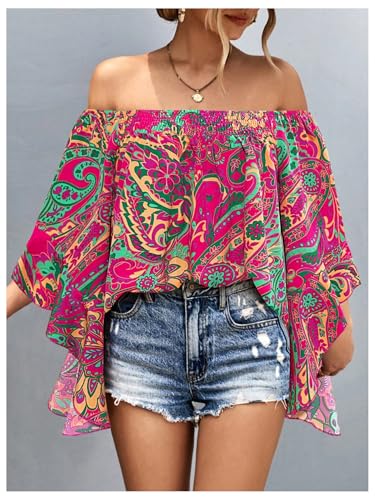 Women's Y2K Floral Off Shoulder Blouse Boho Shirt Ruffle Half Bell Sleeve Blouses Shirred Vacation Beach Shirt4