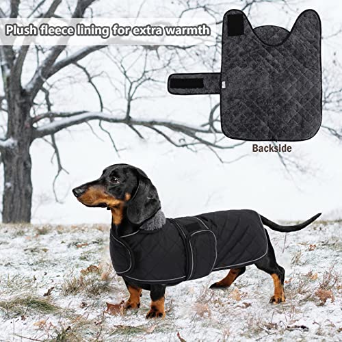Geyecete - Warmer wintermantel für dackel Hunde,Hunde Winterjacken mit plüschfutter,Outdoor jacken mit verstellbaren gürtel und Kabelbaumloch,für mittelgroße und Kleiner dackel-Schwarz-S