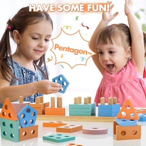 Image of PLUSPOINT Wooden Sorting & Stacking Toy, Colour Recognition Shape Sorter Puzzle Montessori Educational Learning Toy for Girls Boys Children Age 1 2 3 Activity Puzzle Blocks Column Set for Kids