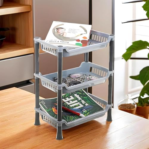 Image of Plastic 3 Layer Multi-Purpose Kitchen Storage Basket Rack|Vegetable Basket for Kitchen (Grey Tiered Shelf)
